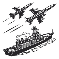 Military warship launching missile with fighter jets overhead black and white illustration © md munna