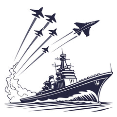 Naval warship firing missile with fighter jets vector illustration high quality © md munna