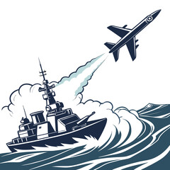 Naval warship firing missile with ocean waves vintage style illustration © md munna
