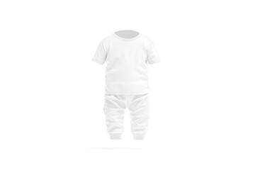 Blank white baby suit with t-shirt and pants mockup png, transparent background, 3d rendering. Empty child pajamas with tshirt and breeches mock up cut out. Clear fleece clothing for toddler template. © Alexandr Bognat