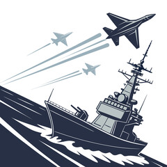 navy warship launching missile with fighter jets vector illustration high quality © md munna