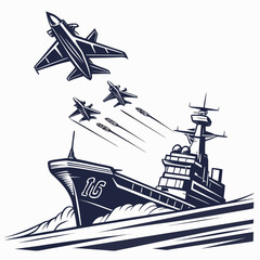 Military warship launching fighter jets and missiles engraved style illustration © md munna