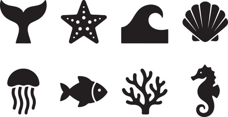 Collection of eight black marine life icons and symbols isolated on transparent background © GraphicGrove