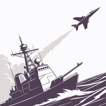 Military destroyer firing missile with fighter aircraft vector illustration high quality