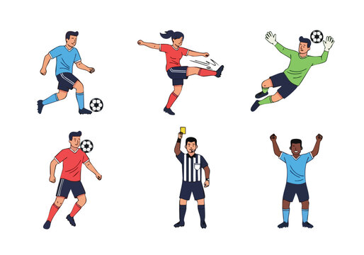 Soccer players and referee pixel art illustration set. Football game characters. Sports team elements.