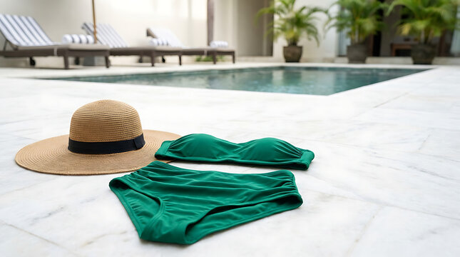 Emerald green bikini set and straw hat arranged on marble poolside, ready for summer vacation.