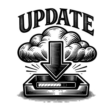 Black and white illustration of a computer downloading an update from the cloud computing, software patching concept