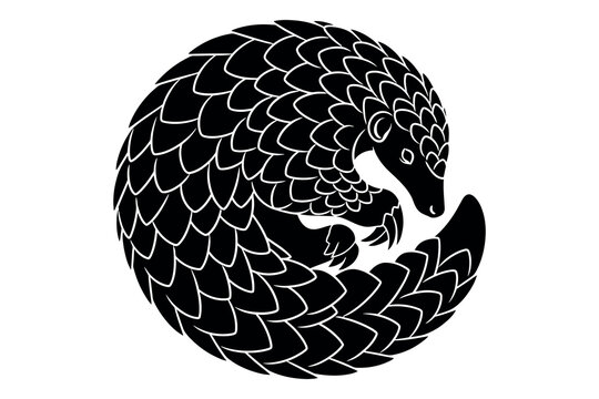 Intricate silhouette of a pangolin curled in a defensive position detailed scale pattern