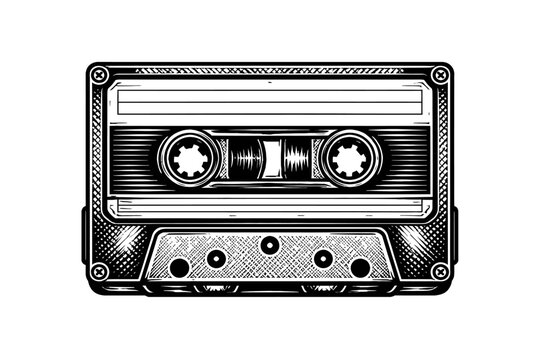 Black and white illustration of a vintage cassette tape on a white background, symbolizing nostalgia and retro music technology