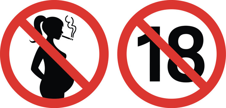 Cigarette packaging warning icon set, vector illustration with prohibitory sign of pregnant woman smoking and no 18 age restriction symbol for health warning labels.