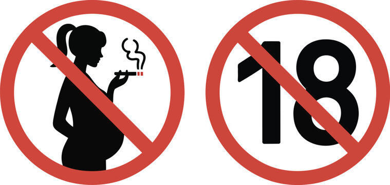 Cigarette packaging warning icon set, health warning vector icons featuring no smoking during pregnancy symbol and 18 plus restriction sign for tobacco label design.