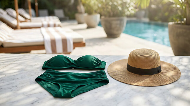 Stylish emerald green bikini set and straw hat displayed poolside for a summer vacation