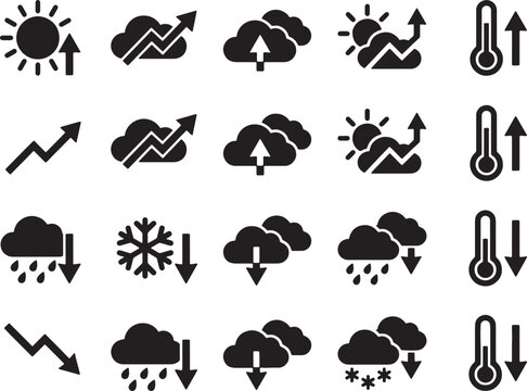 Collection of weather icons illustrating diverse meteorological phenomena and statistical trends