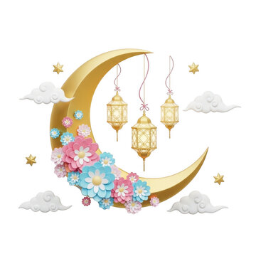 Moonlit crescent with floating lanterns and floral elements isolated on transparent background