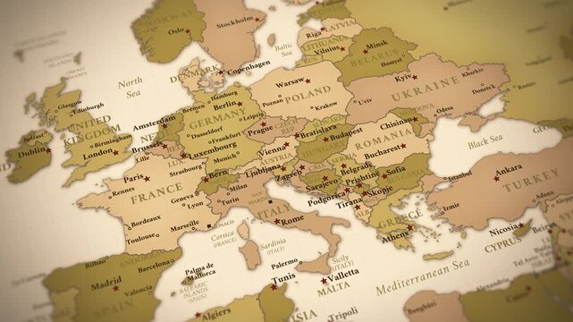 Vintage style map animation focused on Europe with smooth zoom toward Eastern Europe and the Baltic region. Warm sepia tones and antique atlas design create a classic historical aesthetic
