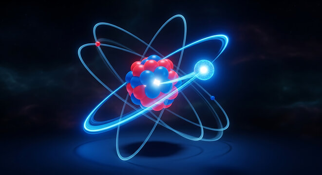 Atomic structure with glowing electrons orbiting nucleus symbolizing science and quantum physics