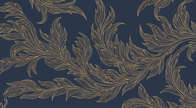 Elegant golden acanthus leaf pattern on dark blue background