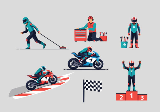 Motorcycle Racing Elements. Flat Vector Illustration Set. Race Day Graphics.