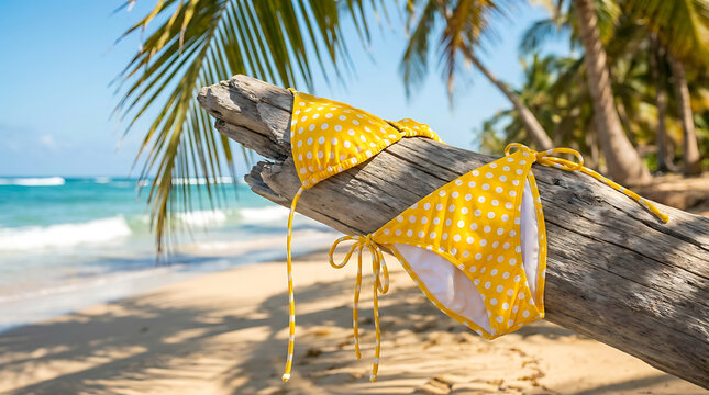 Yellow polka dot bikini draped over driftwood on a sunny beach with palm trees and ocean waves