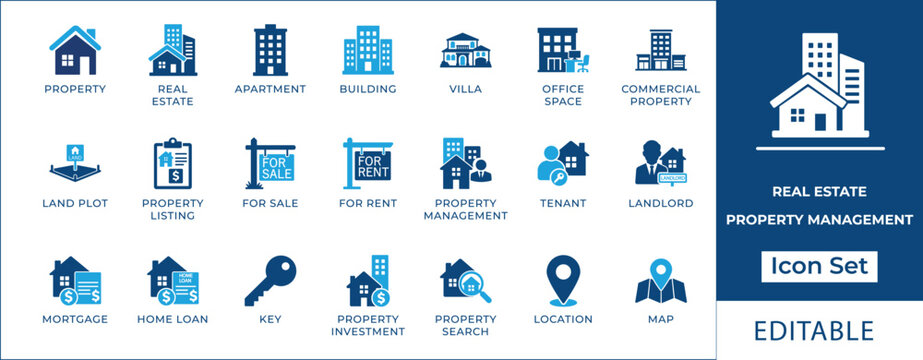Real estate and property management icon set featuring apartment, villa, commercial building, mortgage, home loan, tenant, landlord, land plot, for sale, and rental symbols.
