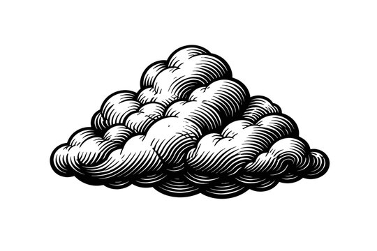 A black and white illustration of a puffy cloud with detailed texture and shading on a plain white background