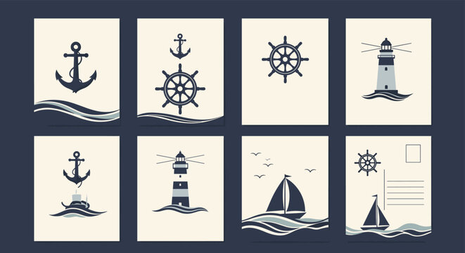 Collection of minimal nautical themed cards featuring maritime icons like anchors lighthouses steering wheels and sailing ships on waves.