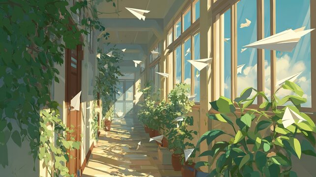 Teaching building corridor light and shadow,window green plants,floating paper planes,nostalgic graduation scene