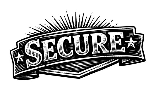 Vintage secure banner with star emblems and sunburst effect in black and white for safety and protection concepts