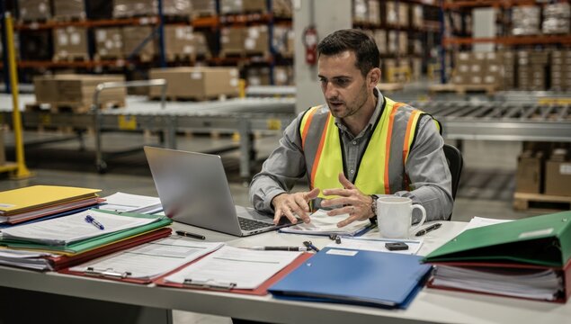 Diligent Warehouse Operations Manager Focused on Inventory and Shipment Documentation on Laptop Amidst Stacks of Important Files Driving Efficiency and Modernization.
