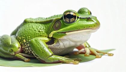 Obraz premium Green Frog Sitting on Leaf Closeup.