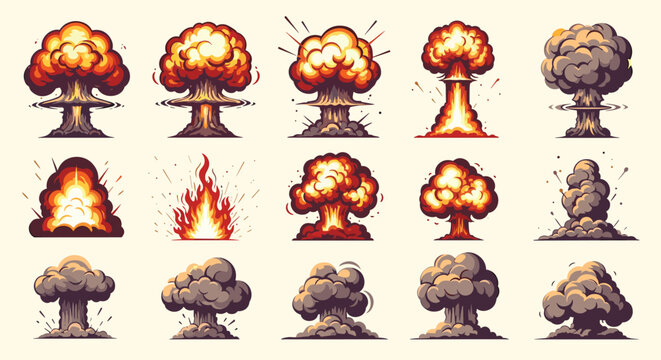 Various styles of pixel art explosion effects and atomic mushroom clouds in shades of orange red and grey on a light background.