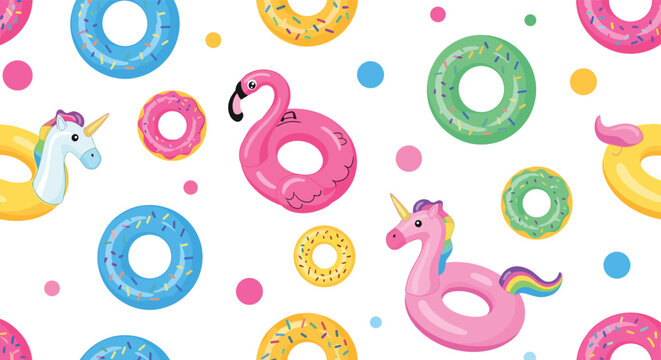 Vibrant seamless pattern featuring various inflatable pool floats like flamingos unicorns and colorful donut rings for summer fun.