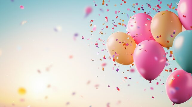 confetti balloon colourful Background Vibrant balloons with colorful confetti, floating against a sunset backdrop, romantic and festive.