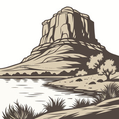 Desert rock formation with lake and vegetation vintage style illustration © MST RAMIJA