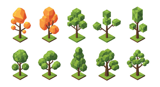 Set of ten isometric low poly trees with different shapes and colors representing autumn and summer seasons on green bases.