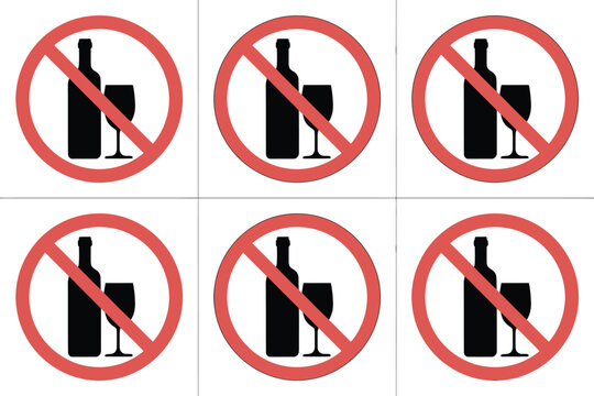 No alcohol prohibition sign set, minimalist vector icons featuring bottle and wine glass with red circle prohibition mark for warning labels and safety compliance design.