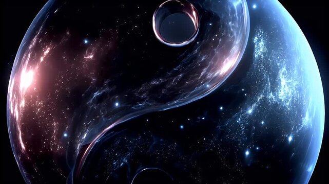 Yin Yang, Chinese philosophy, harmony, balance, Taoism. A digital artwork depicts a celestial sphere, resembling a yinyang symbol, against a backdrop of deep space. The sphere is spherical.