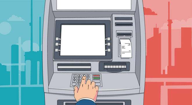 Close-up illustration of a hand entering a pin code on an ATM machine keypad with a stylized city background.