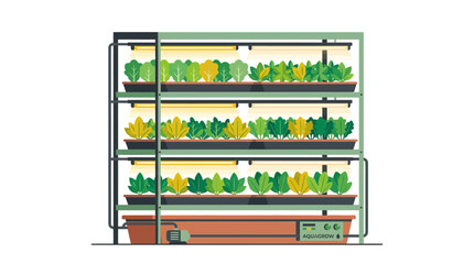 Fototapeta premium Hydroponic Vertical Farming System Illustration with LED Grow Lights and Green Leafy Vegetables on Racks for Indoor Agriculture