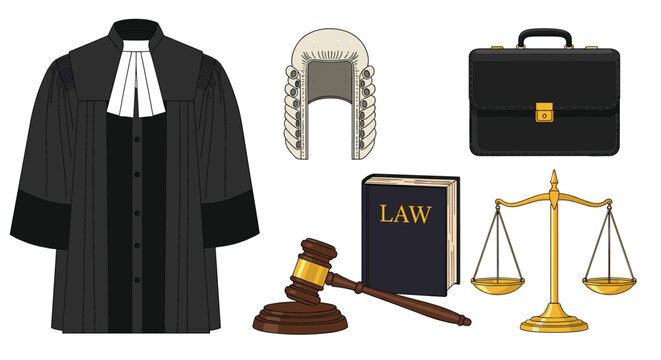 Collection of legal profession icons featuring a judge robe and wig briefcase law book wooden gavel and scales of justice.