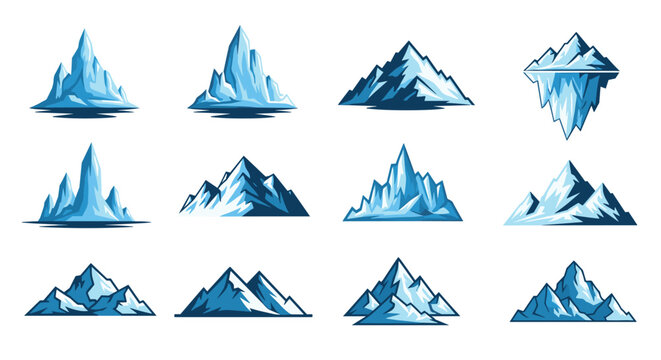 Extensive collection of twelve different blue iceberg and icy mountain illustrations in various shapes and sizes.