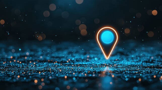 Icon Pin Location Map A glowing blue pin icon pulsating on a digital map interface, zoomed in view, high resolution, modern design.