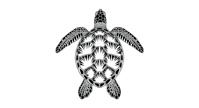 Top-down view of a sea turtle in black and white line art with highly detailed geometric patterns on its shell and limbs.