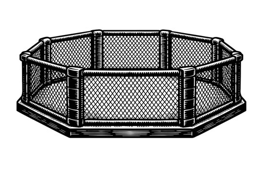 Black and white illustration of an octagonal mixed martial arts cage with chain link fence and padded posts for combat sports