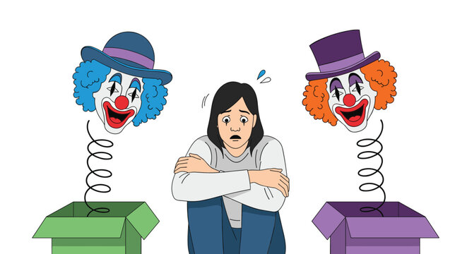 Young woman sitting on the floor appears distressed and frightened as two scary jack-in-the-box clowns pop out beside her.