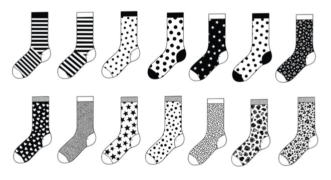 Large assortment of socks featuring diverse patterns like stripes, polka dots, stars, and abstract shapes in a black and white display.