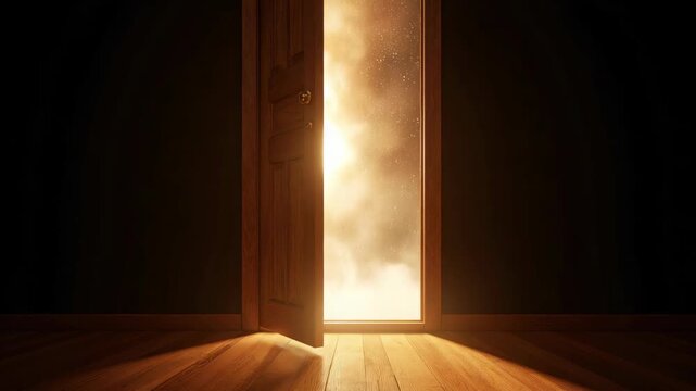 An open wooden door leading outside into a path bathed in sunlight.