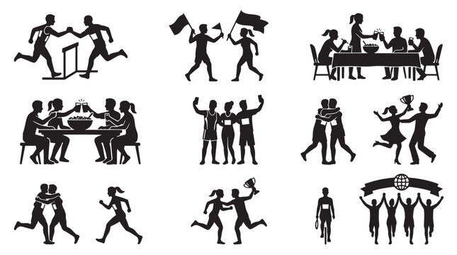 Olympic Village Friendship Moments Silhouettes Set Pack, Editable Vector Stroke Illustration. Contain sport, athlete, competition, runner, race, hurdle, team, teamwork, celebrate and more silhouettes.