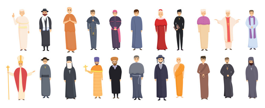 Priest icons set cartoon style vector illustration