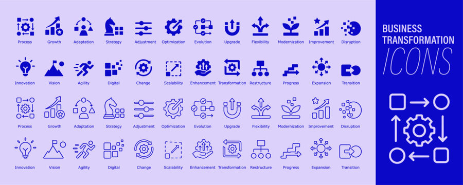 Business transformation icons set with strategy growth and digital innovation concepts in modern blue style